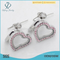 Cute design pink crystal heart charms earrings,magnetic stainless steel jewelry earrings